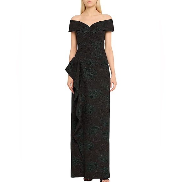 NWT Rickie Freeman Teri Jon black green pewter jacquard off shoulder formal gown - Picture 7 of 12